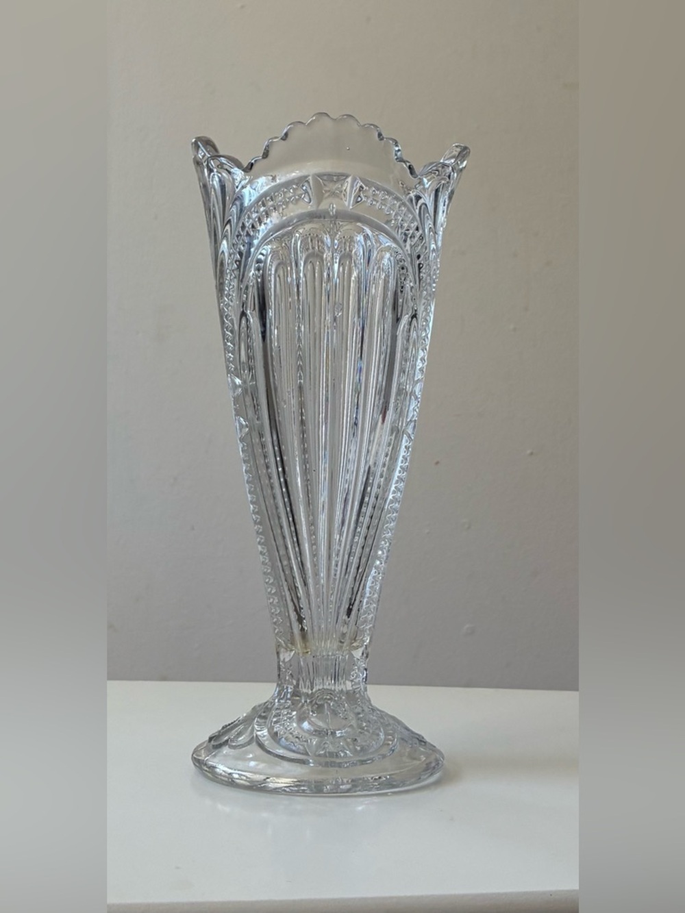 Tall Antique EAPG Bryce Higbee Admiral Ribbed Ellipse Pressed Glass Vase 10"